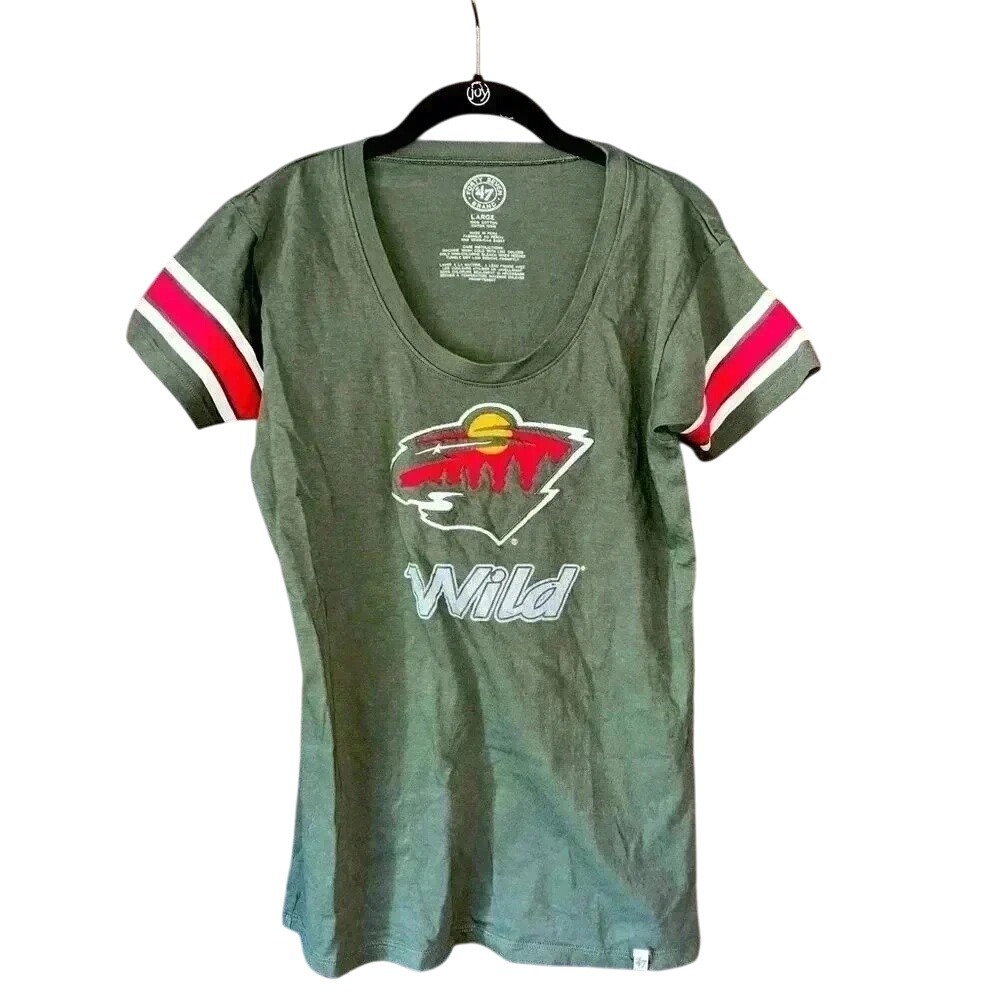 47 Brand Minnesota Wild NHL Hockey T-Shirt Green Striped Sleeve Logo‎ Large